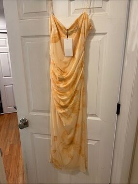 Zara Yellow Marble-Print Maxi Slip Dress
